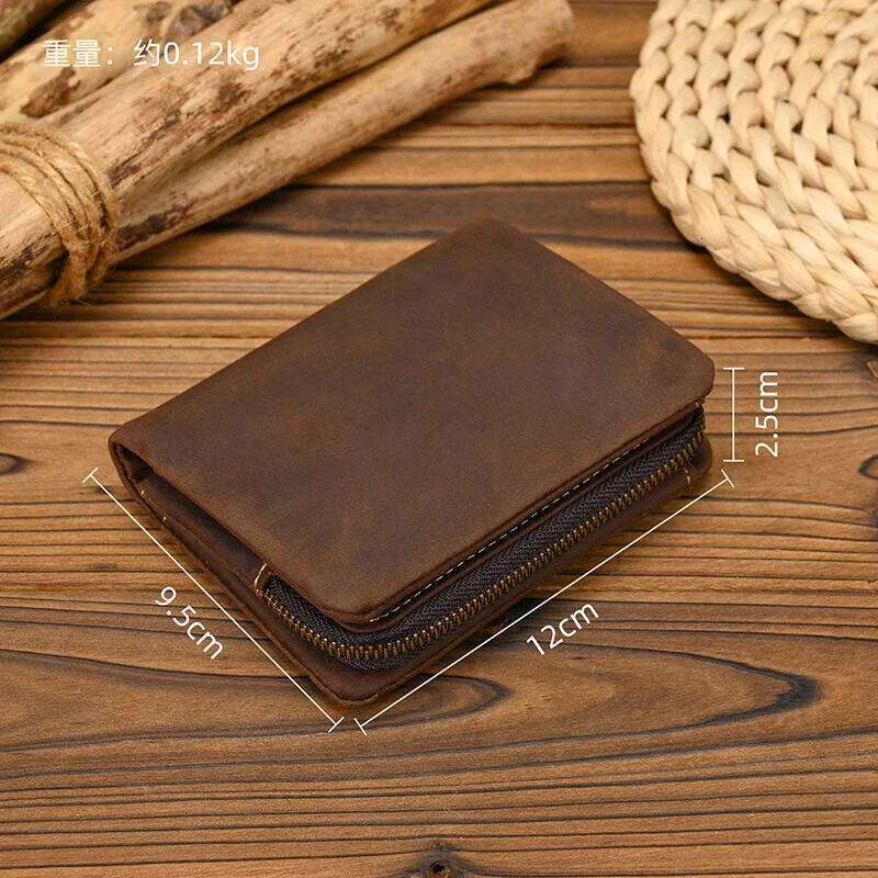 New Vintage Crazy Horse Leather Wallet, Zipper Coin Pocket & Snap Closure, Multi-Card Bifold with RFID Blocking Y260206