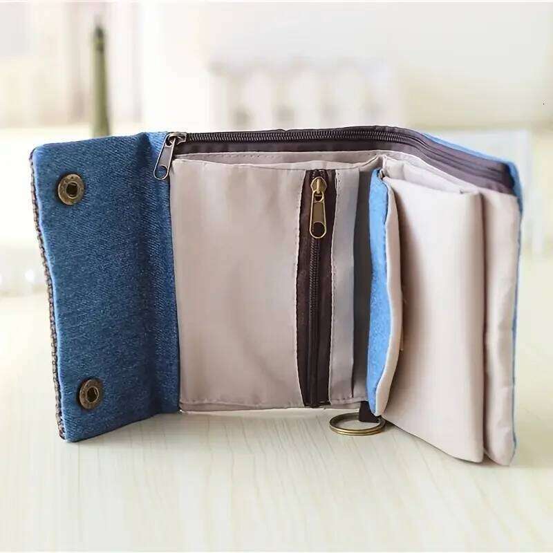 Women's Handmade Fold Fabric Wallet Simple Color Contrast Short Zipper Purses Cartoon Coin Purse Card Holder Key Organizer Y260206