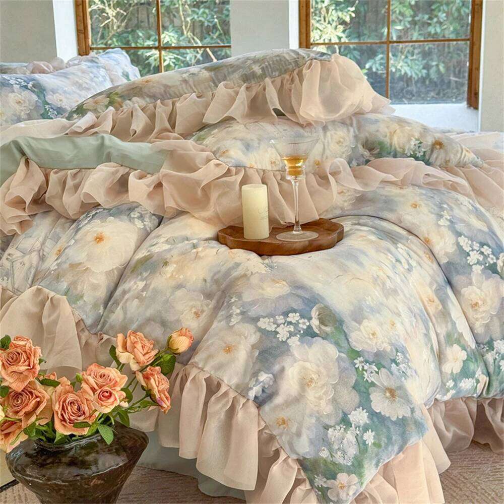 Flower Bedding Luxury Bedroom Decor Comforter Ruffles Duvet Cover Pillowcase Bed Sheet Washed Cotton Four Pieces Set XJ260206