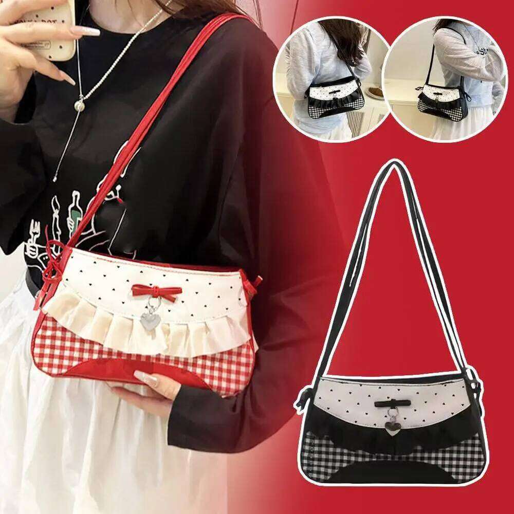 Sweet French Stick Handbag Black Contrast Color Plaid Bow Shoulder Bag Denim Blue Korean Style Cloth Underarm Bags Women Z260207 - view 3