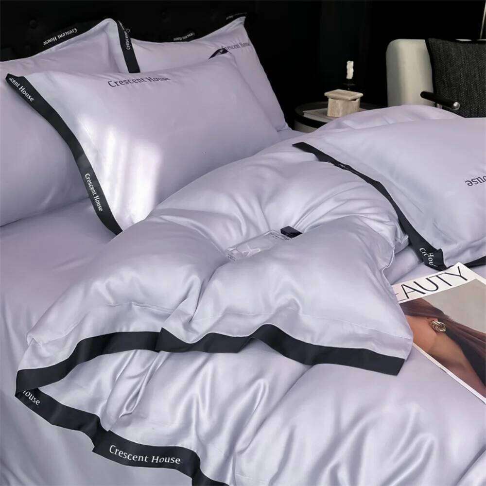 Embroidery Four-Piece Simple Washed Ice Silk Smooth Sleeping Naked Summer Duvet Cover Bed Sheet Light Luxury Bedding Set XJ260206