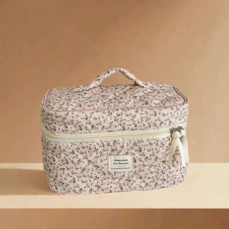 Vintage Pink Flower Women Makeup Storage Handbag Travel Orgainzer Make Up Pouch Large Capacity Ladies Cosmetic Quilting Bag Y260206