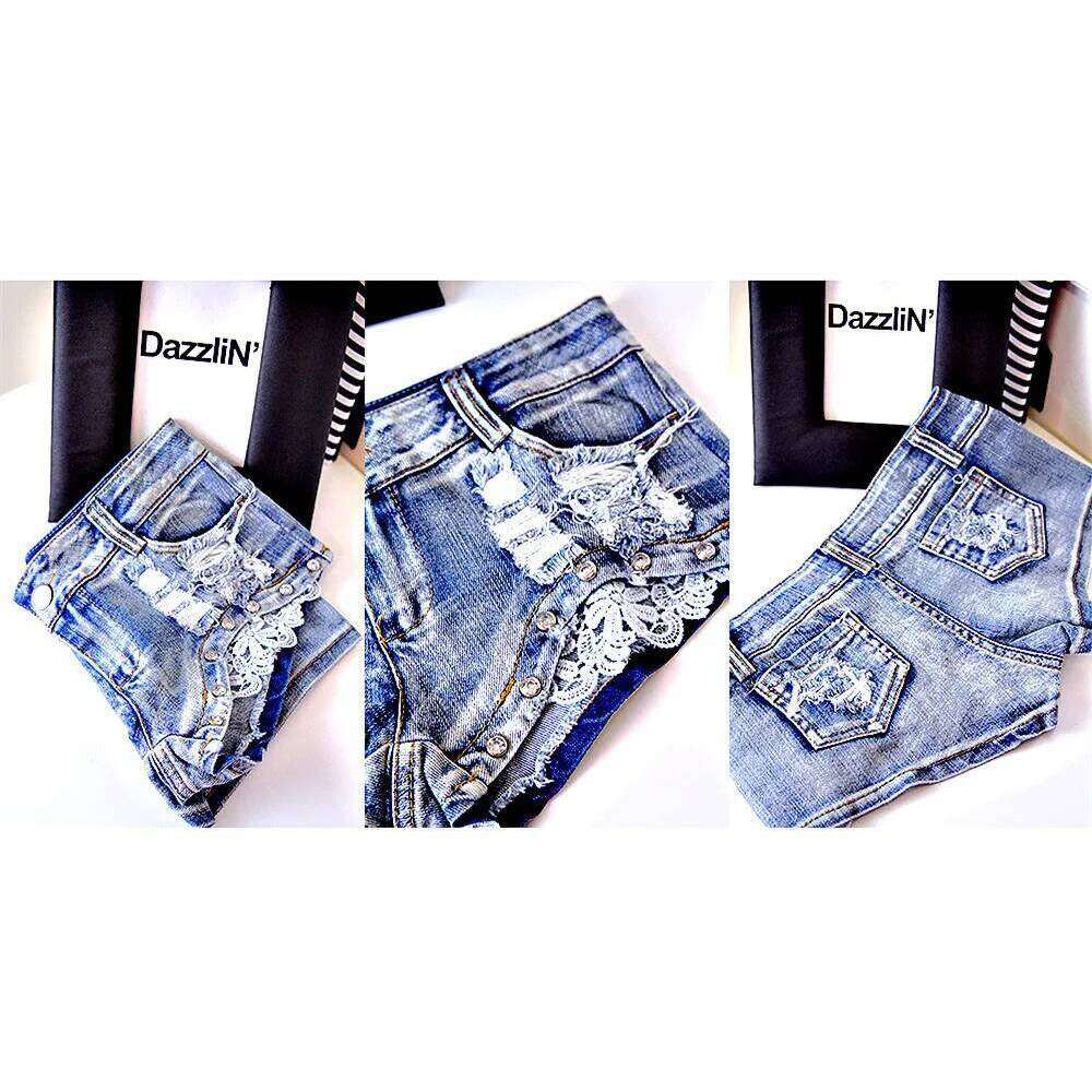 2025 Summer New Women's Hole Jeans Denim Lace Bead Shorts Korean Style XJ260206
