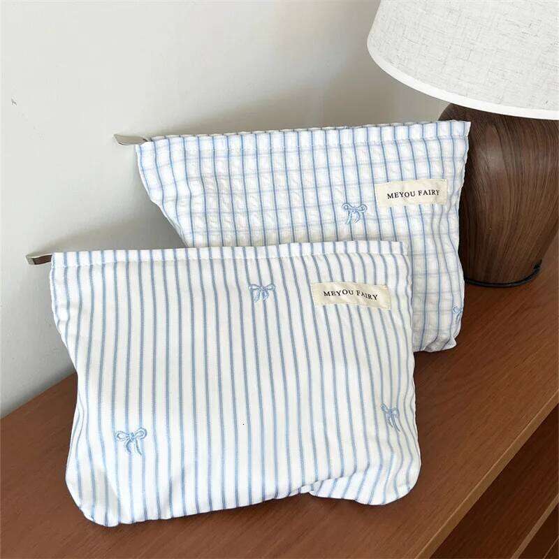 Fashion Women Bow Stripe Makeup Portable Toiletry Lipsticks Cosmetic Storage Pouch Clutch Bag Ladies Organizer Handbag Y260206