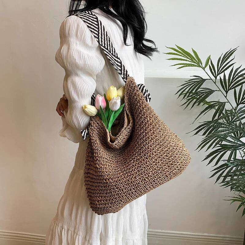 Casual Summer Beach Fashion Straw Women Shoulder Bags Paper Woven Female Handbags Large Capacity Tote Purses Y260205