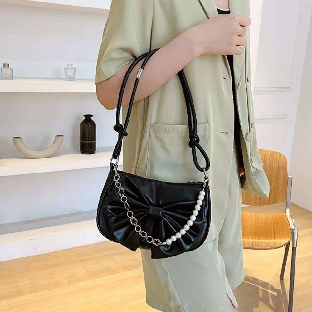 Casual PU Leather Bowknot Shoulder Pearl Solid Color Women Underarm Bag Korean Style Large Capacity Bow Handbag Shopping Y260205