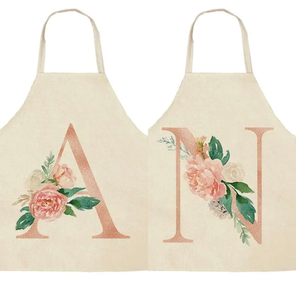 Pink Letter Flower Kitchen Aprons for Women Cotton Linen Bibs Household Cleaning Pinafore Home Cooking Apron S260205 998