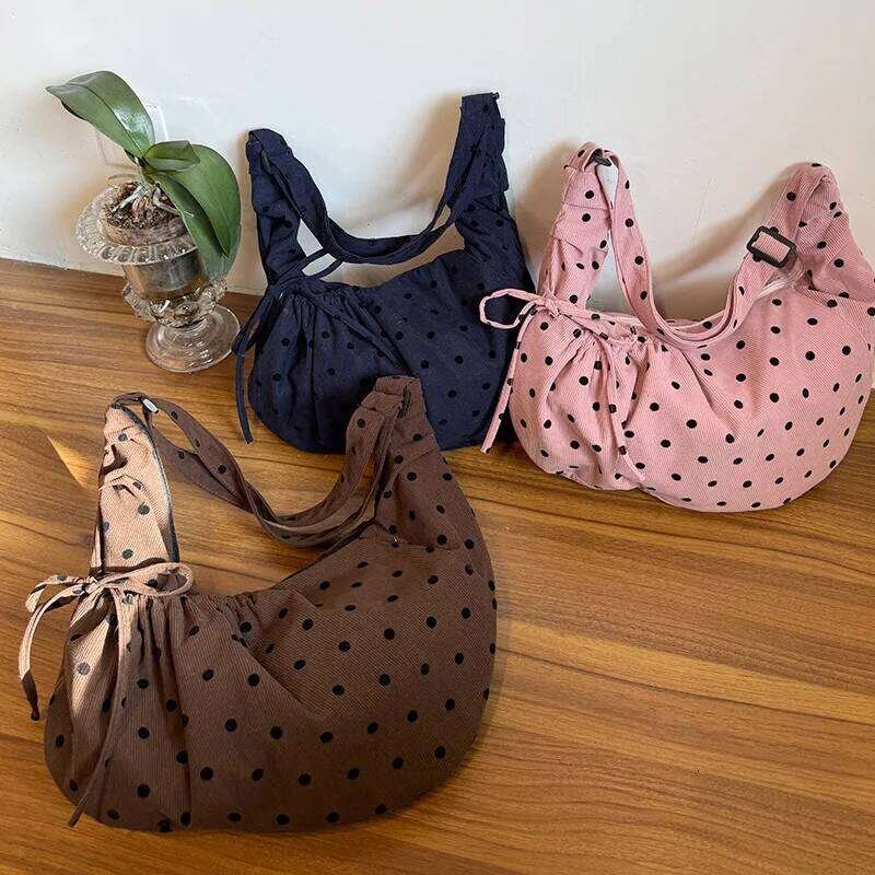 Simple Polka Dot Bowknot Decoration Corduroy Women's Shoulder Bags Large Capacity Female Handbag Versatile Ladies Messenger Bag Y260205
