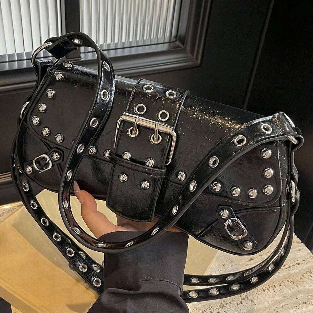 Trendy Punk Steampunk Gothic Style Y2K Fashion Novelty Rivet Decoration Underarm Bag, Simple Shoulder Bag Y260205
