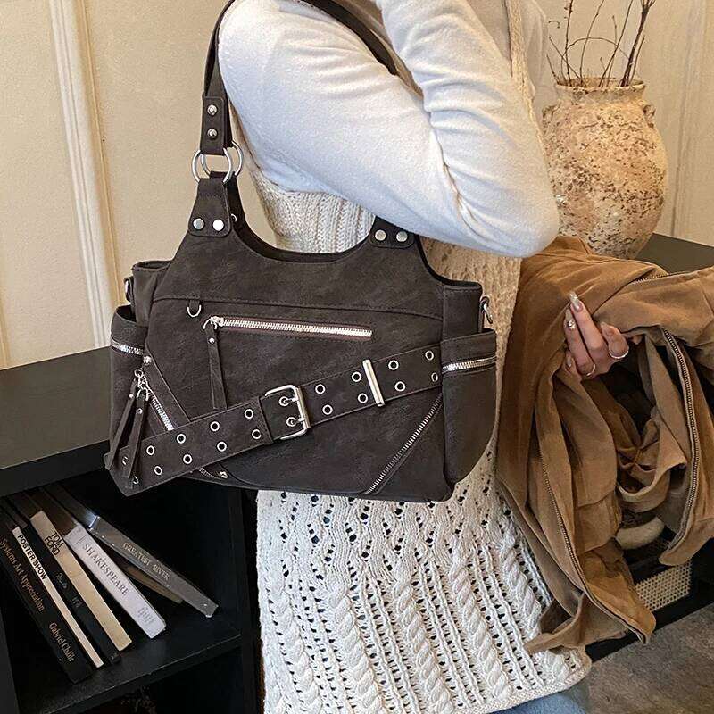 Solid Color Zipper Buckle Casual Tote 2026 High Quality Motorcycle Style Durable Commuting Cool Shoulder Bags Y260205
