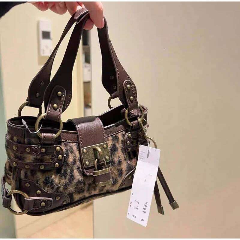 Vintage Rivet Handbag Fashion Brand Highend Y2k Style Motorcycle Leopard Print High-quality Pu Shoulder Crossbody Bag Wallet Y260205