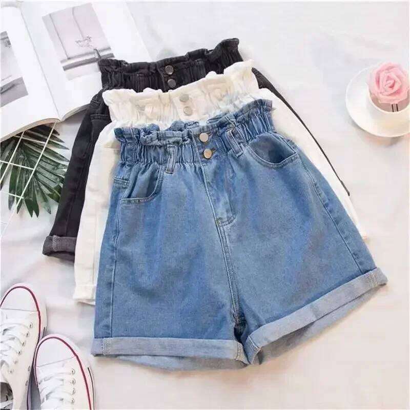Summer Women's Blue Cotton Denim Shorts Korean Fashion Elastic Waist Loose Casual Wide Leg Female Clothing XJ260206