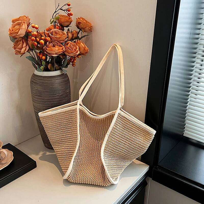 Leisure Hand-held Women Fashionable Splicing Tote Bag, New Trend Niche Design, Shoulder Grass Woven Bag Y260205