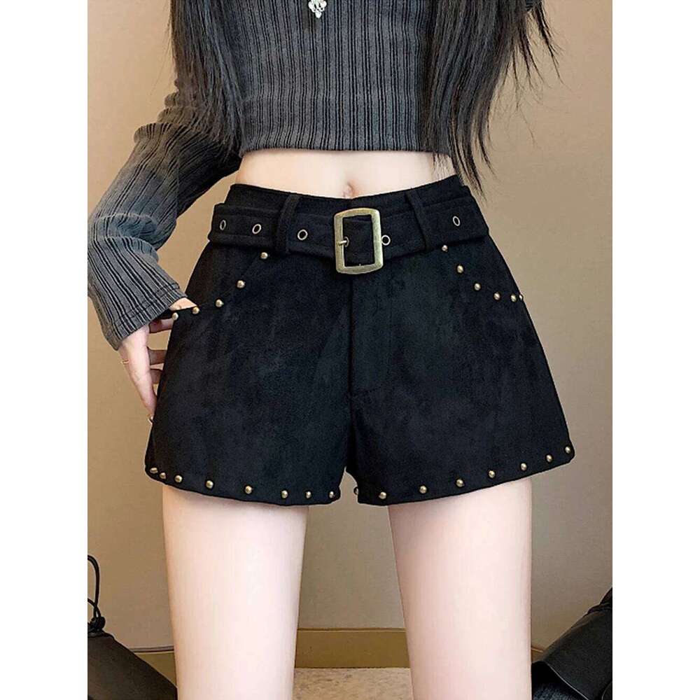 American Style Rivets Suede Women's Short Pants 2025 Autumn Winter New High Waist Slim Fit Hot Girl Trendy A-Line Chic Shorts XJ260206