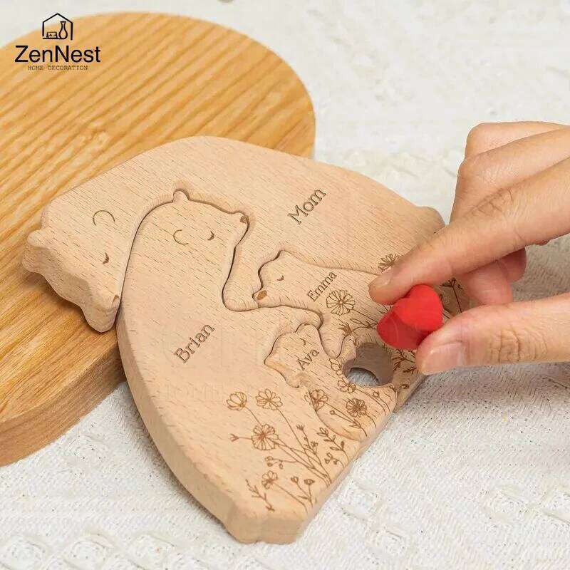 Artistic Wooden Little Bear Family Personalized Name Puzzles, Thanksgiving Christmas Gifts, Home Tabletop Decorations S260204