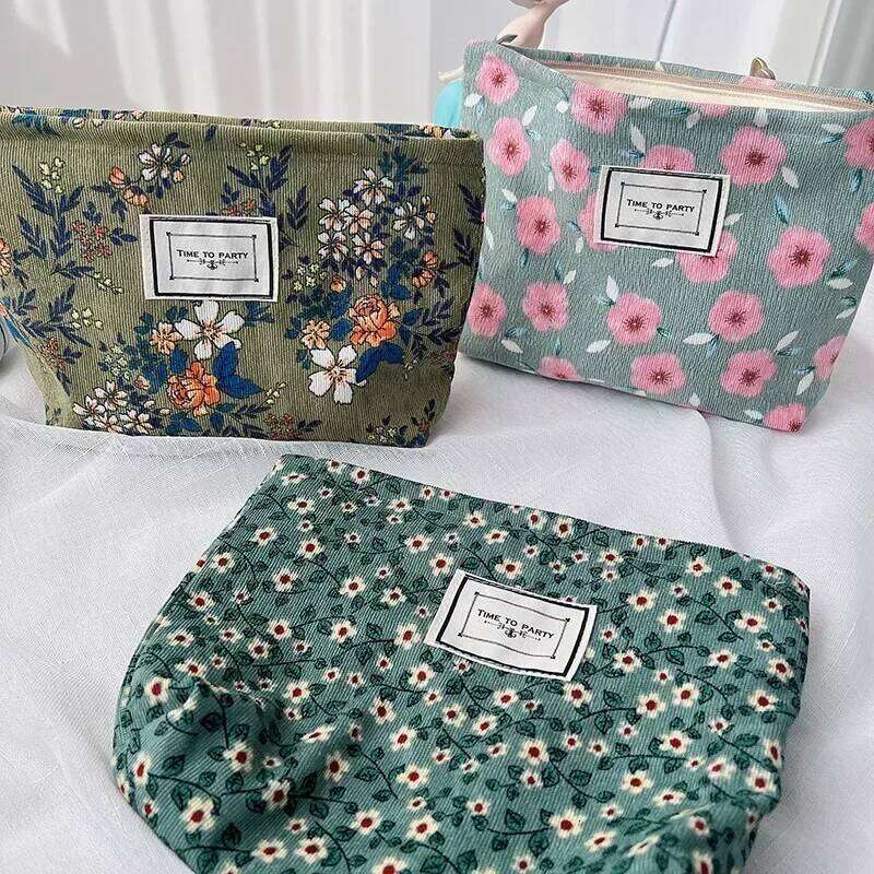 Women Floral Beauty Cosmetic Makeup Case Organizer Korean Embroidery Corduroy Travel Large Wash Toiletry Storage Bag Pouch Y260206