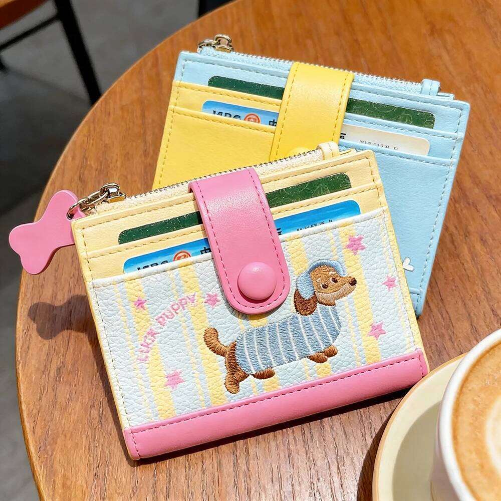 Casual Korean Style Embroidery Sausage Dog Wallet Purse Cartoon Coin Pouch Ultra Thin PU Leather Card Holder Y260206