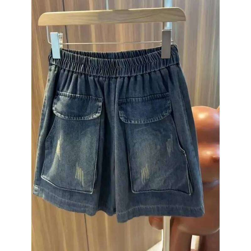 Women's Dark Wash Denim Elastic Waist Distressed Loose Fit Casual Daily Summer Shorts XJ260206