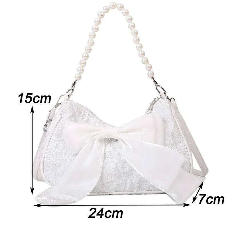 White Pleated Pearl Female Luxury Designer Handbag Cute Bow Shoulder Bag Fashion Y2K Vintage Women's Purse Versatile Y260205