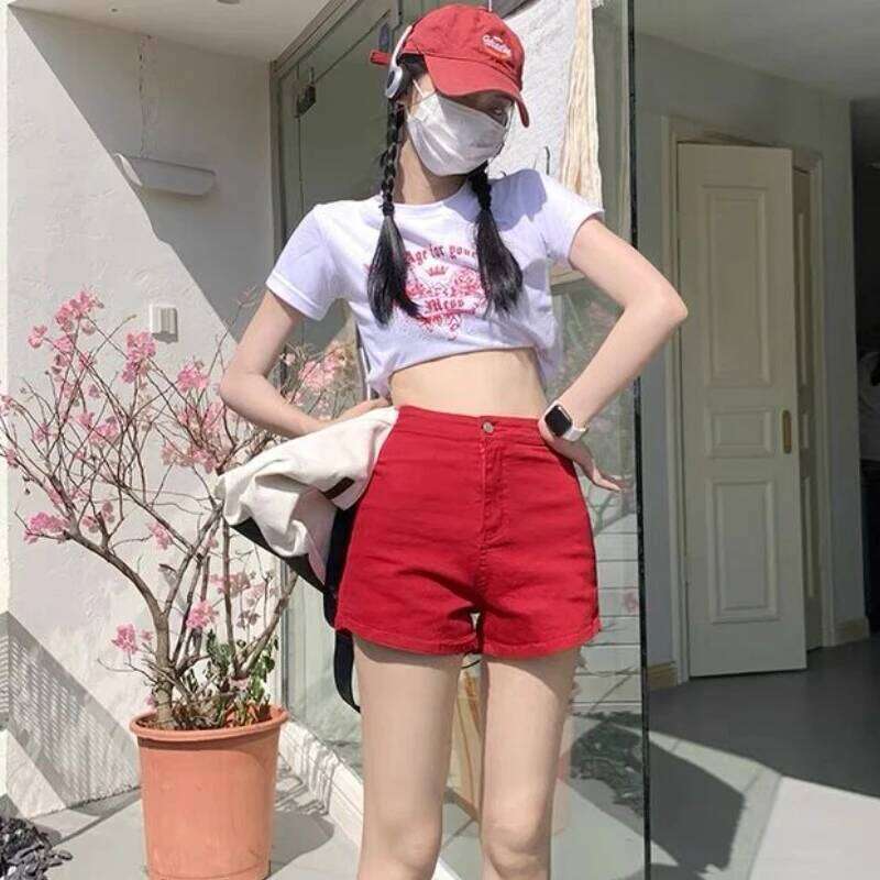 Red Denim Shorts Women Summer Leisure Simple High Waist Hot Sweet Ulzzang Students Harajuku Y2k Korean Style All-match Fashion XJ260206