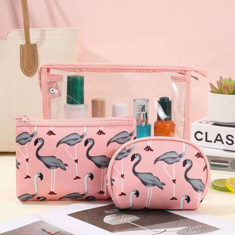 Three piece flamingo makeup Waterproof transparent PVC wash Fashion cartoon portable storage bag Y260206