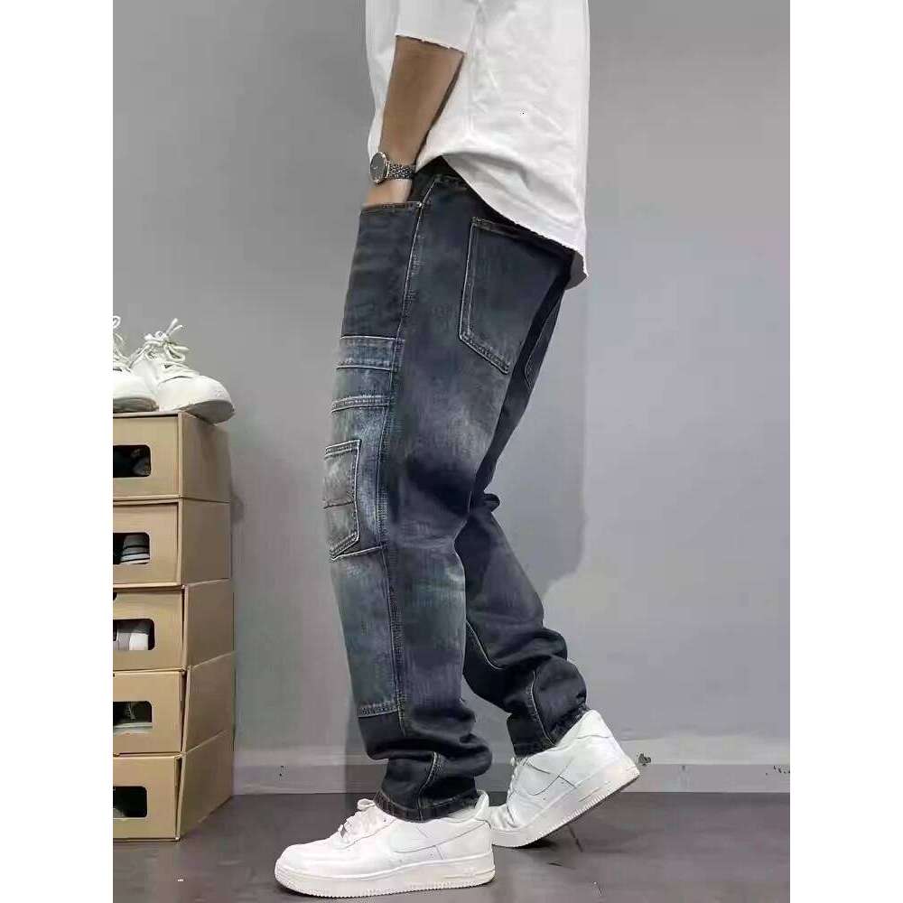 Patchwork Straight Leg Jeans Plus Size Multi Pocket Japanese Streetwear High Quality Trendy Skater Fit Denim Trousers 2025 New X260207