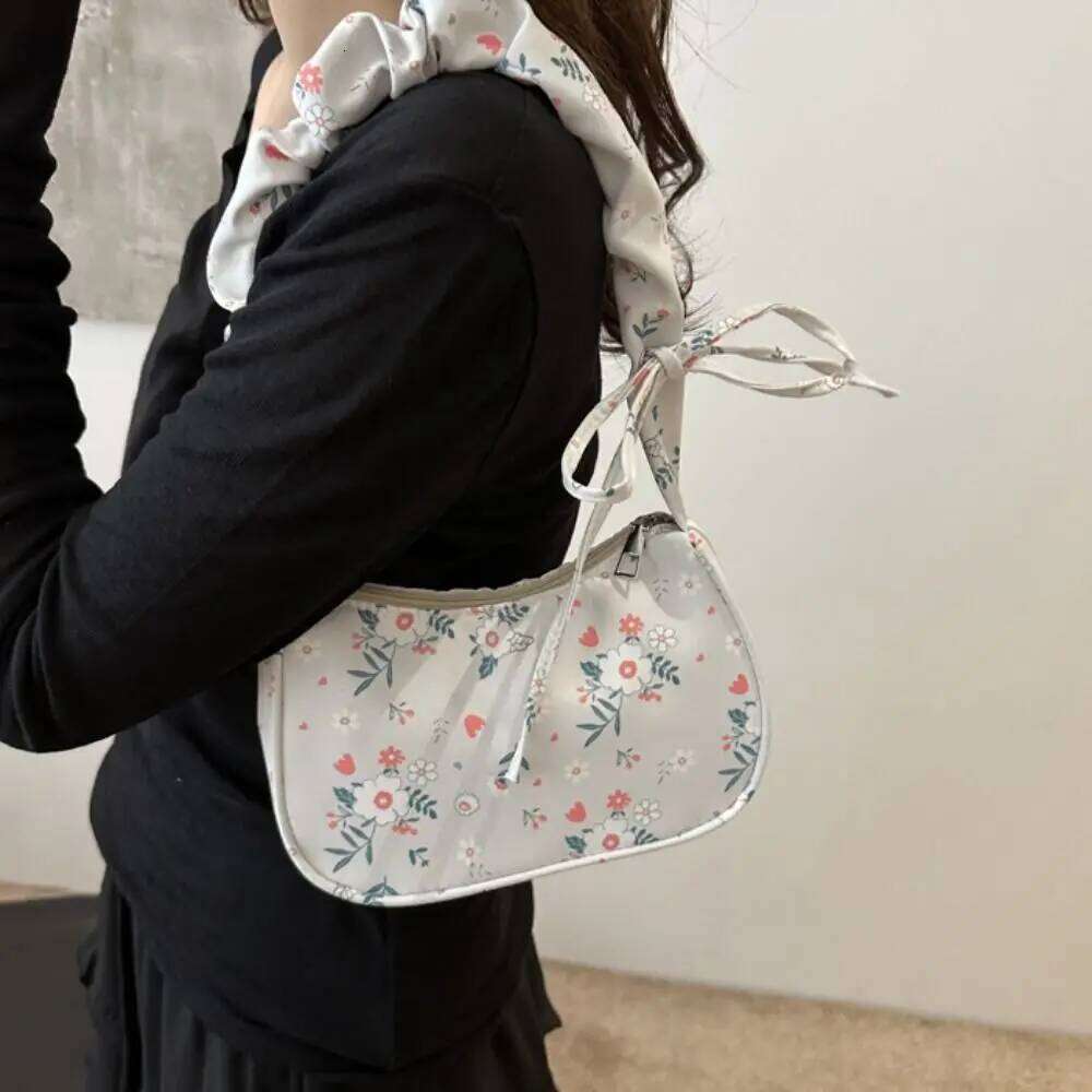 Flower Pattern Printing Shoulder Large Capacity Bow Sweet Canvas Underarm Wrinkle Lovely Tote Bag Travel Y260205