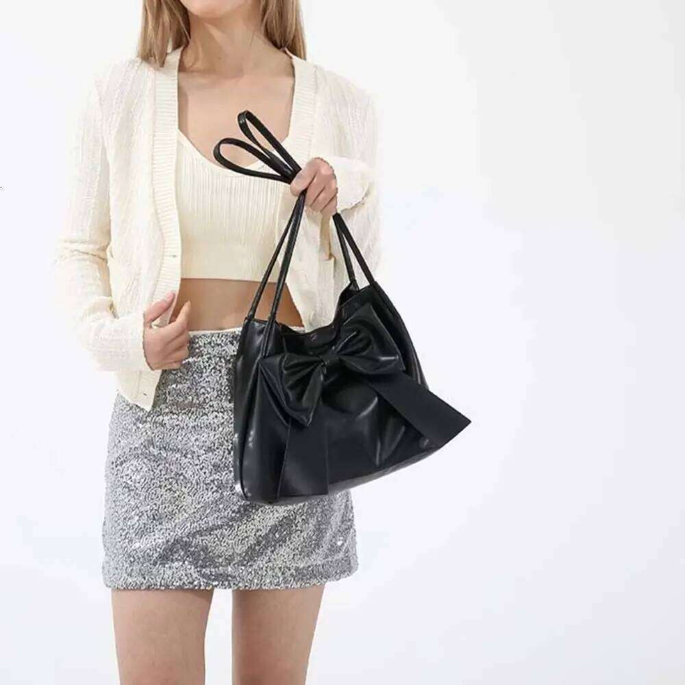 Simple Solid Color PU Bow Shoulder Bucket Korean Style INS Tote Luxury Portable Fashion Underarm Bag Women Y260205