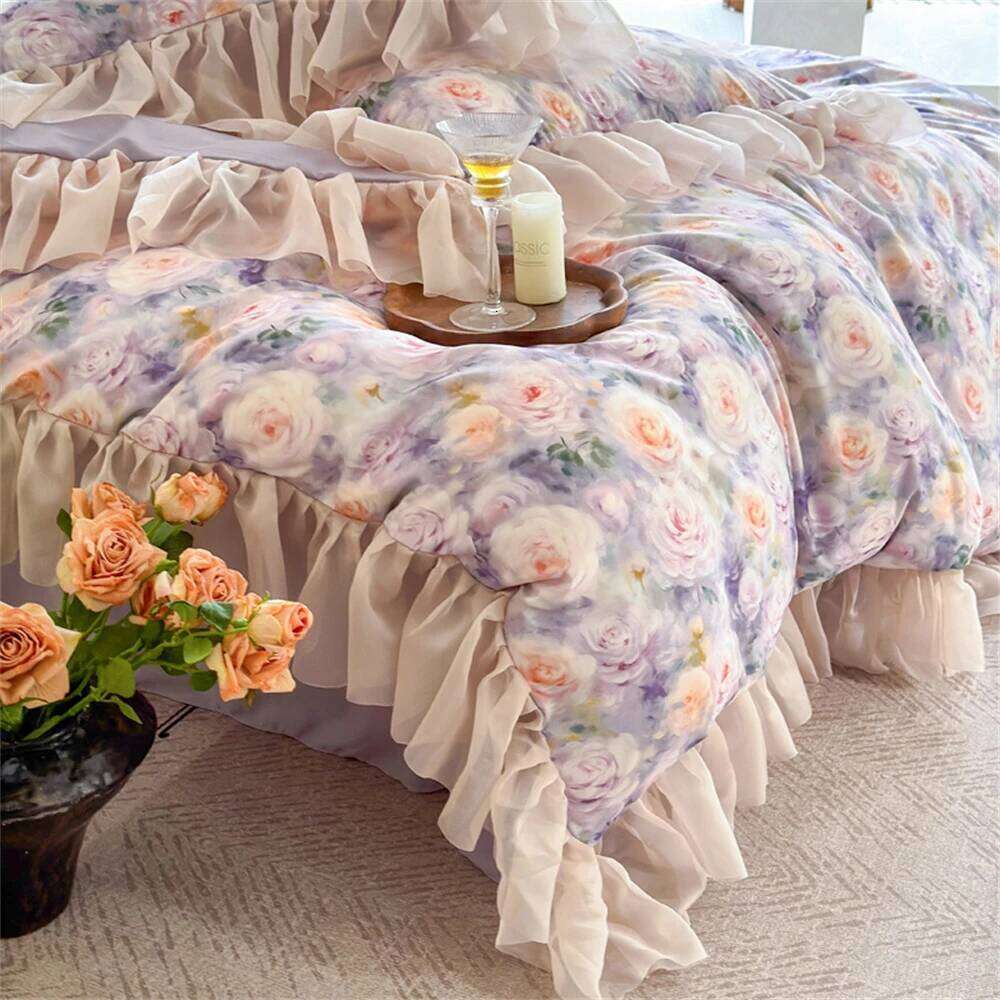Pink Flower Bedding Soft Luxury Bedroom Decor Comforter Ruffles Duvet Cover Pillowcase Bed Sheet Cotton Four Pieces Set XJ260206