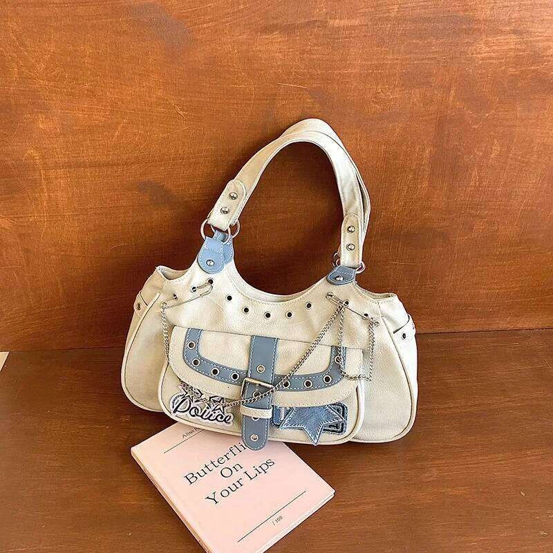 Gothic Punk Y2K One Shoulder Tote Bag, Harajuku Aesthetic Leather Patchwork Casual Handbag, Vintage Beige Female Bags Y260205