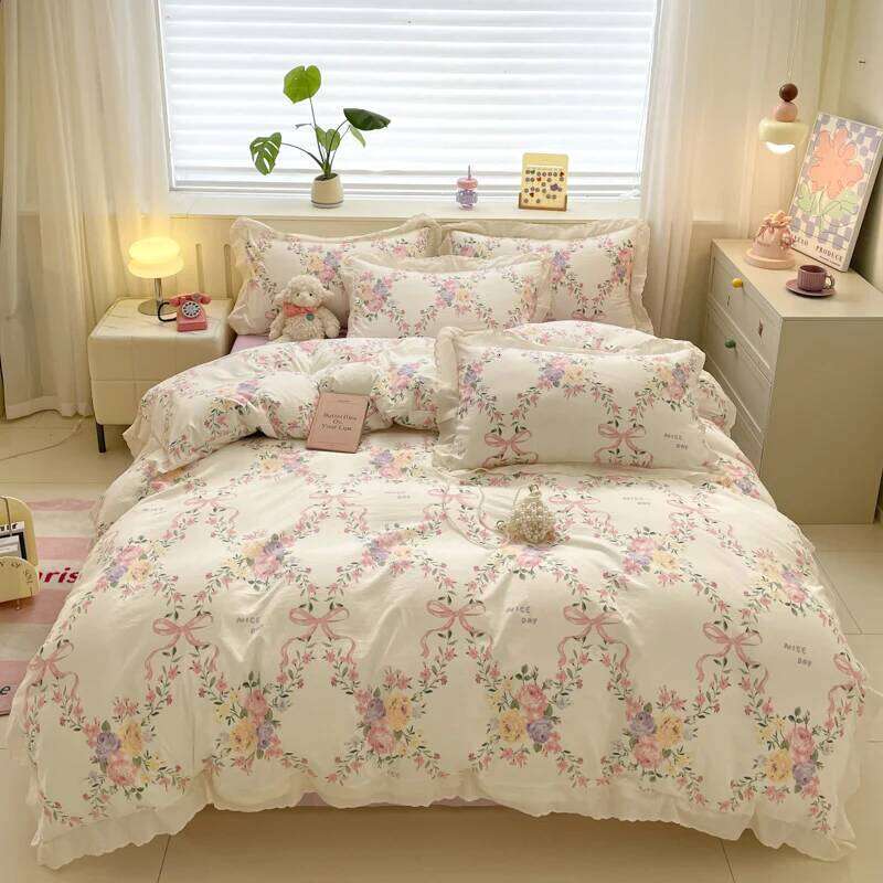 3ps Thickened Plant Floral Duvet Pink Bow Design Girl Woman Bedroom Bedding Set Colored Flowers Home Comforter Cover XJ260206
