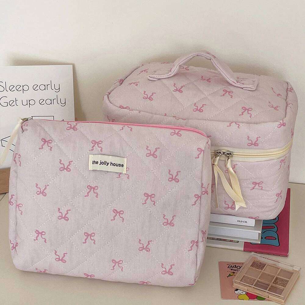 2024 Pink Bowknot Quilting Women Cosmetic Bag Portable Zipper Makeup Travel Organizer Female Handbag Toiletry Pouch For Girls Y260206
