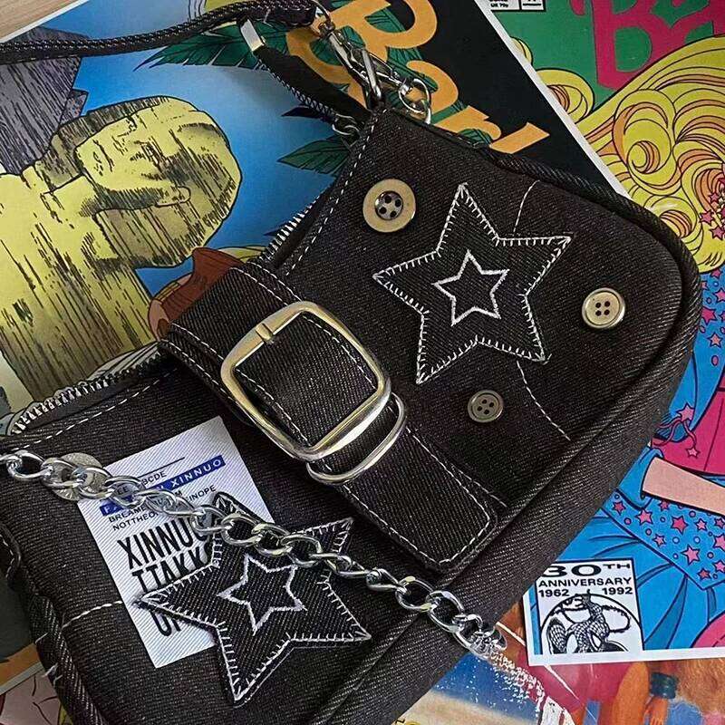 Fashion Women's Denim Stars Pattern Handbags Cool Girls Y2K Underarm Canvas Small Shoulder Chain Tote Bag Z260207 - view 6