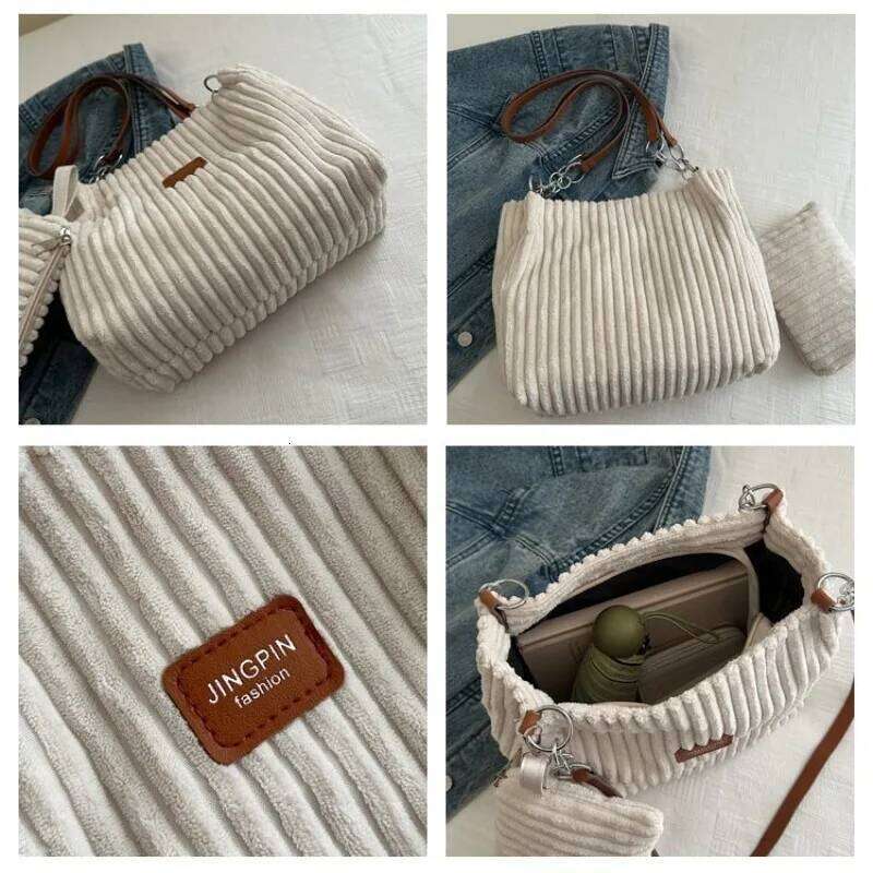 Corduroy Handbag Shoulder Casual Large Capacity Tote Bag with Mini Pouch, Versatile Underarm Bags for Daily Commute Outfits Y260205
