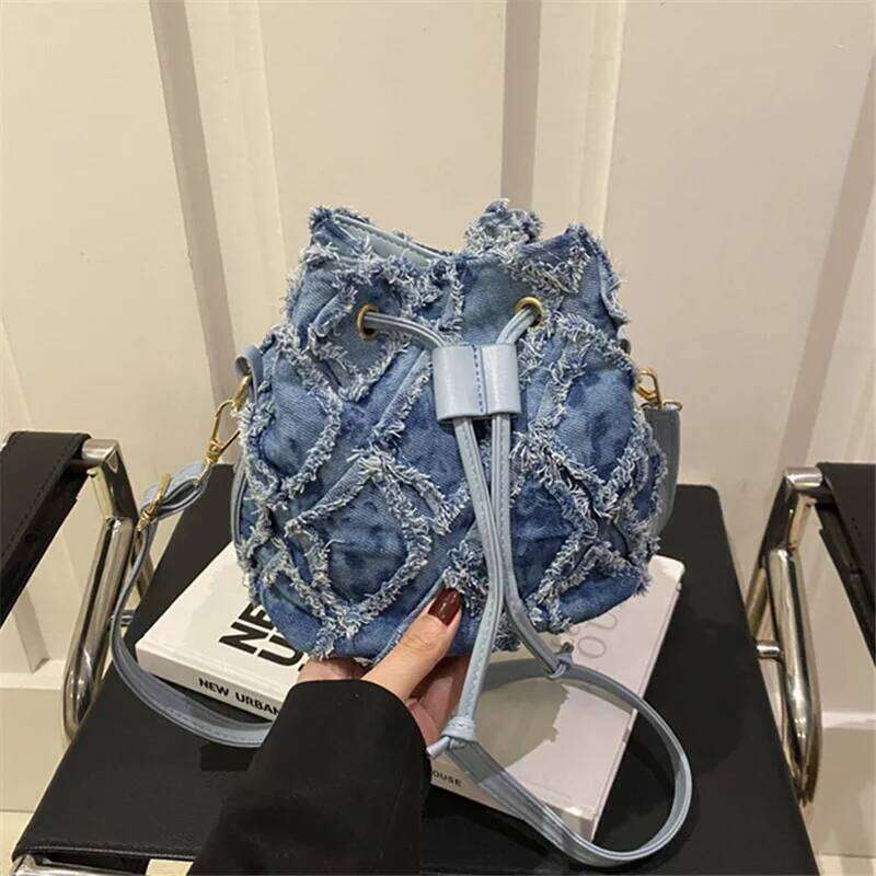 Mini Style Denim for Women Stylish Drawstring New Bucket Cell Phone Bag, Versatile Women's Shoulder Cross Bags Y260205