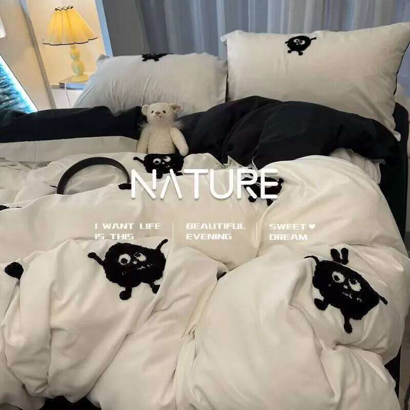 Light Luxury New Blue Bow Quilt Cover Washed Embroidered Sheet Sour-Piece Set Bedding Dormitory Bed Girls Soft and Warm XJ260206