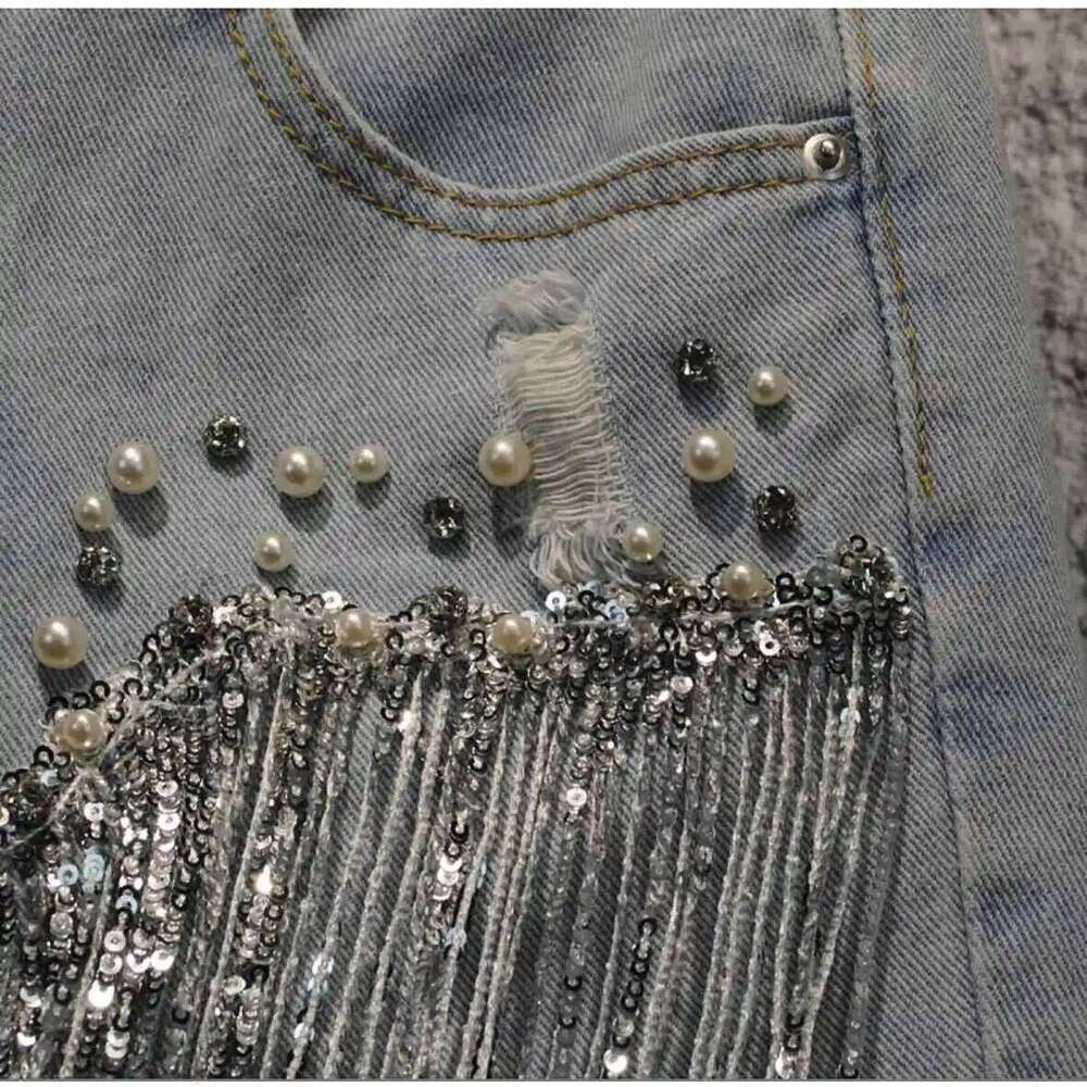 Women Sequined Fringe Denim Summer Rhinestone Pearl Beading Short Jeans Casual Fashion High Waist Female A-line Shorts XJ260206