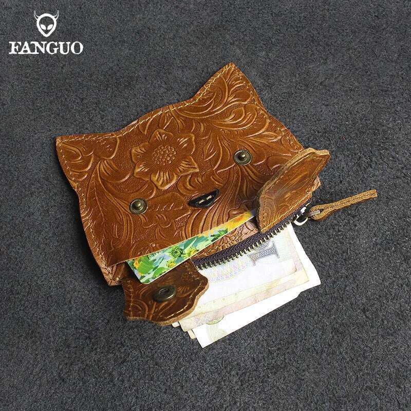 Handmade Genuine Leather Coin Purse Small Mini Slot Pocket Money Bag Cute Cat Portable Organizer Key Card Wallet Y260206