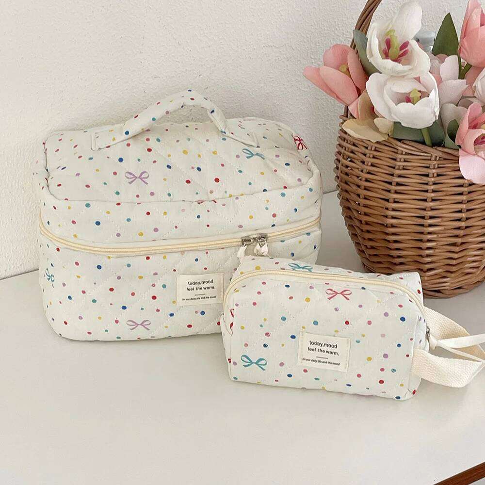 Point Bowknot Fashion Women Quilting Clutch Tote Portable Makeup Cosmetic Storage Handbag Cute Girls Cotton Zipper Bag Y260206