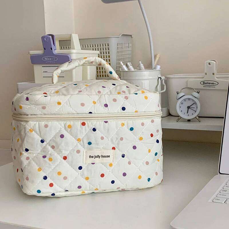 Fashion Colorful Dots Large Capacity Cosmetic Quilted Bag Portable Tote Travel Make Up Storage Bags Women Cotton Handbags Gift Y260206