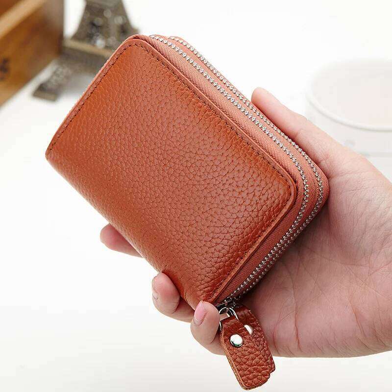 Genuine Men & Women Mini Short Wallet Cow Leather Coin Purse Solid Holder Accordion Card Slots Double Zipper Pocket Y260206