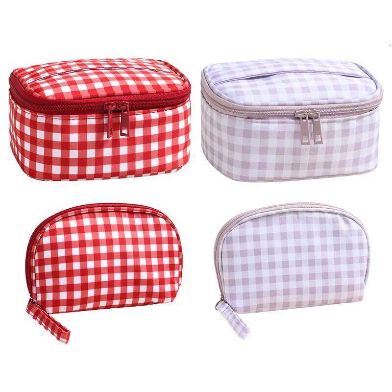 Cute Red Purple Plaid Handbag Zipper Travel Portable Cushion Case & Makeup Pouch Small Large Toiletry Cosmetic Bag for Women Y260206