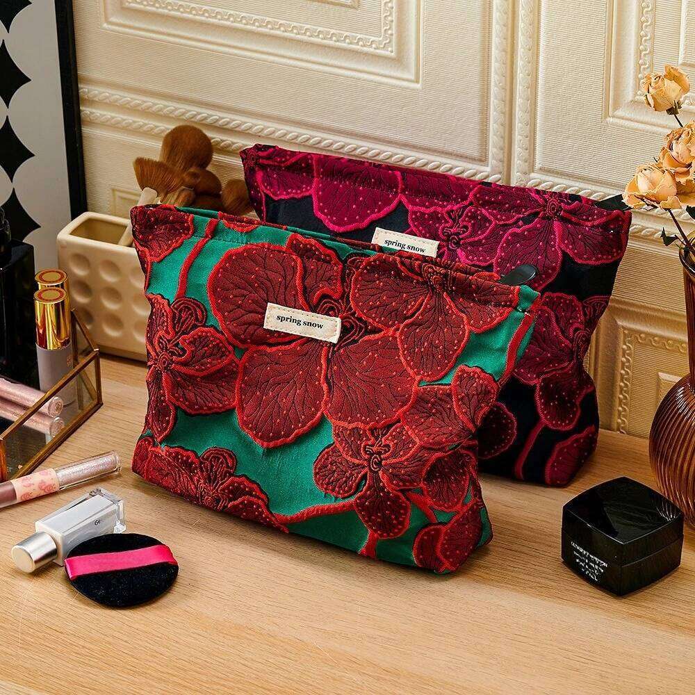 Red Flower Fashion Canvas Women Cosmetic Handbag Travel Organizer Toiletry Makeup Pouch Ladies Make Up Bag For Gift Y260206
