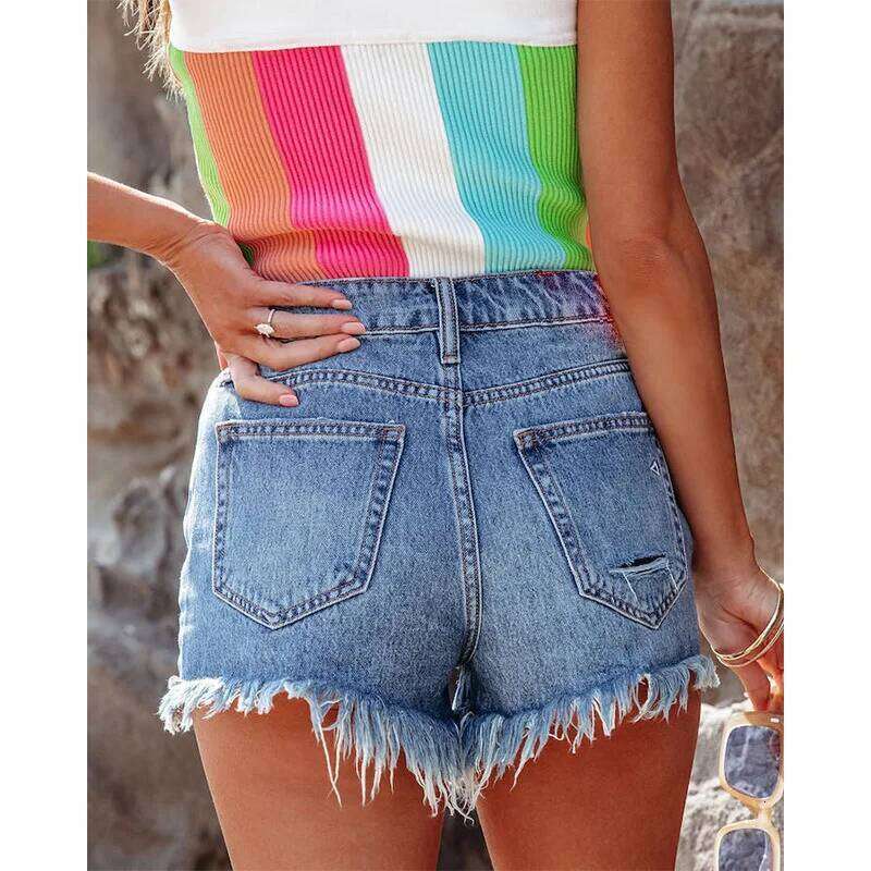 2026 New Washed Denim for Women, Summer Fashion and Versatile Casual Hand-worn Out Ripped Tassel Design Shorts XJ260206