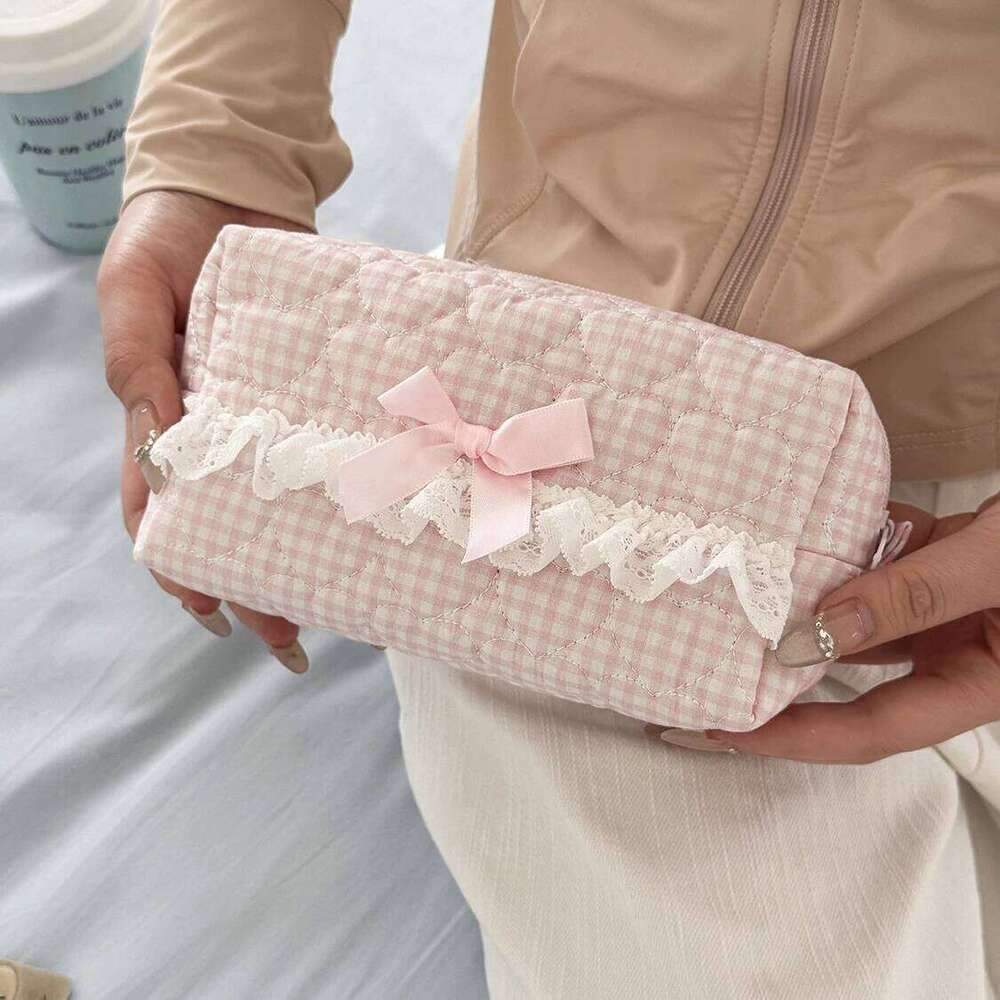 New Fashion Lace Bow Women Makeup Handbag Large Capacity Cosmetic Storage Pouch Portable Travel Organizer Square Zipper Bag Y260206