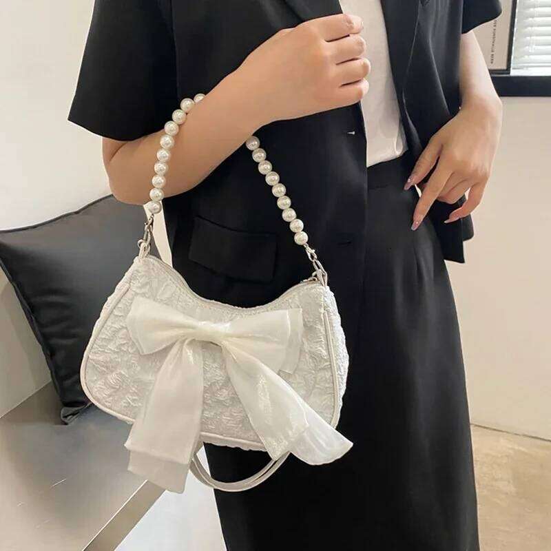 White Pleated Pearl Female Luxury Designer Handbag Cute Bow Shoulder Bag Fashion Y2K Vintage Women's Purse Versatile Y260205