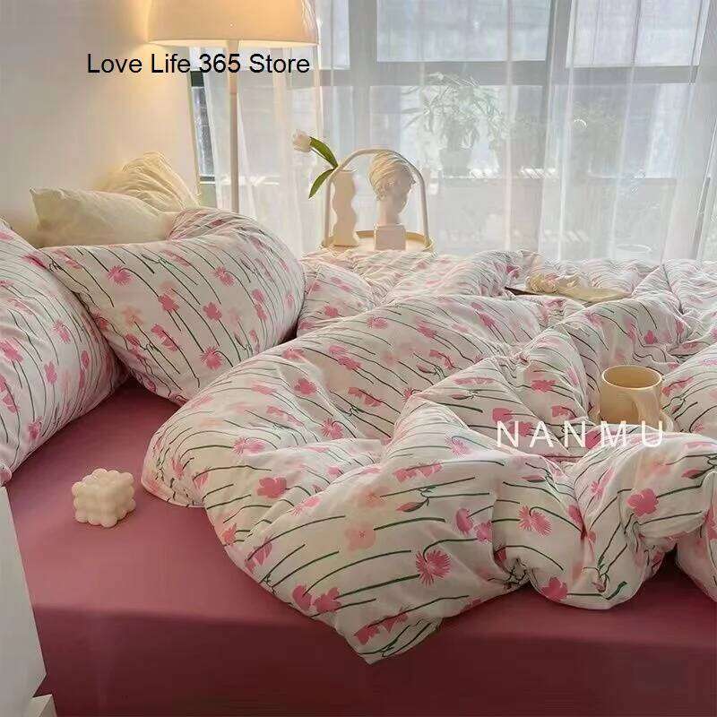 INS Pink Solid Color Bedding Set Girls Boys Single Double Size Flat Sheet Duvet Cover Pillowcase Bed Linens Home Textile XJ260206