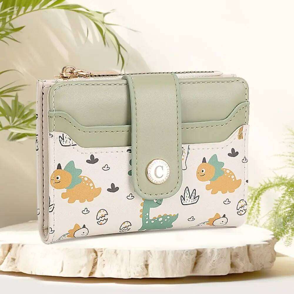New PU Leather Mini Wallet Dinosaur Short Card Holder Zipper Coin Purse Women Girls Y260206