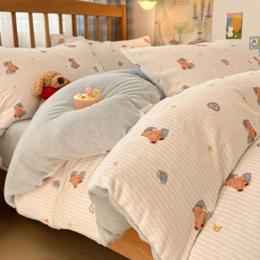 Printed Thicken Milk Coral Fleece Bedding Winter Comfort Warm Bedroom Decor Quilt Cover Bed Sheet Pillowcase Four-Piece Set XJ260206
