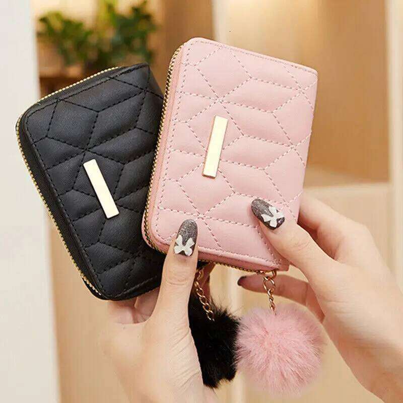 Bifold Purse Compact Size Pompom Ball Small Wallet Genuine Leather Credit Card Holder For Travel Accessory Daily Use Y260206